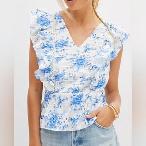 Anthropologie - Forever That Girl - Floral Eyelet Ruffle Sleeve Top Size 8